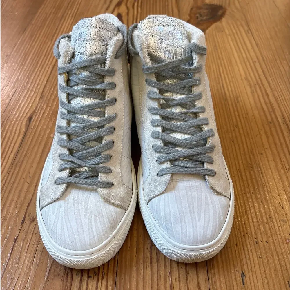P448 ivory white leather zebra print faux fur lining high top sneakers‎ SIZE 7